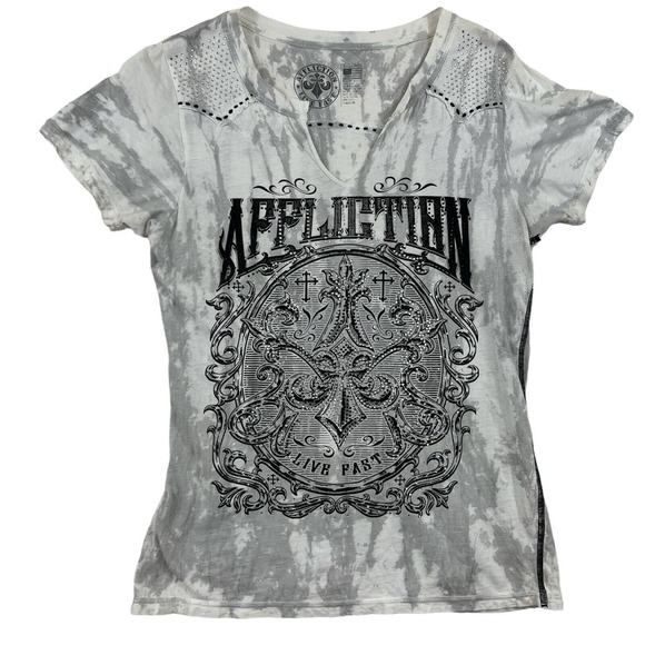 Affliction Live Fast Women White Short Sleeve V-Neck‎ Sz XL Studded - Picture 1 of 6